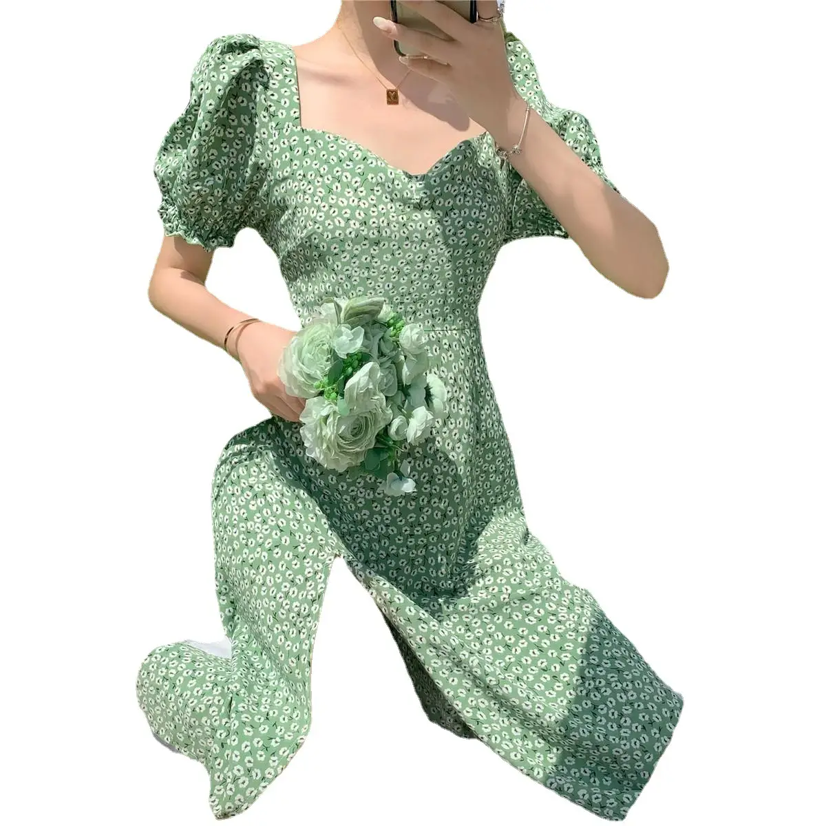 Green Floral V-Neck French Dress for Women