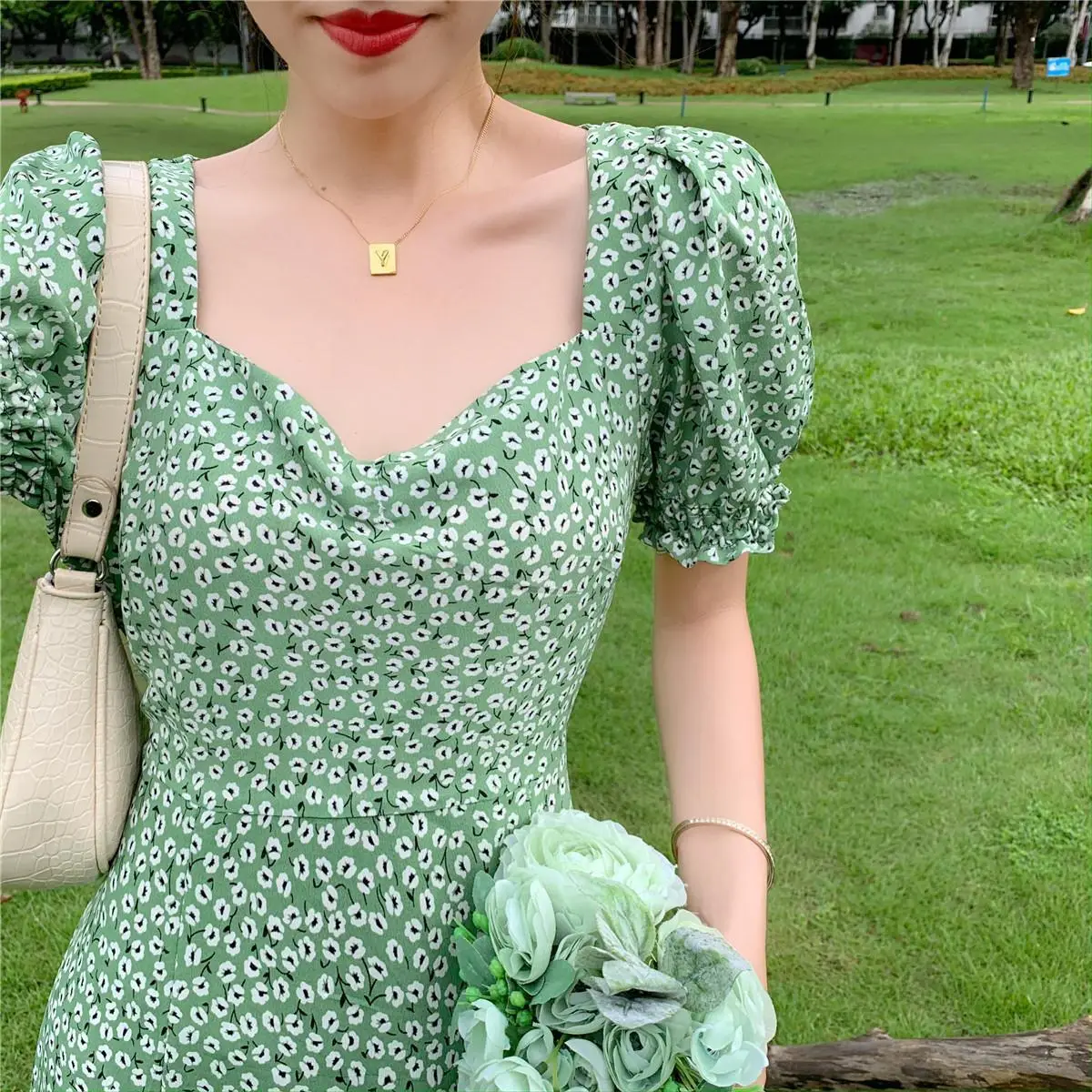 Green Floral V-Neck French Dress for Women — feature 10