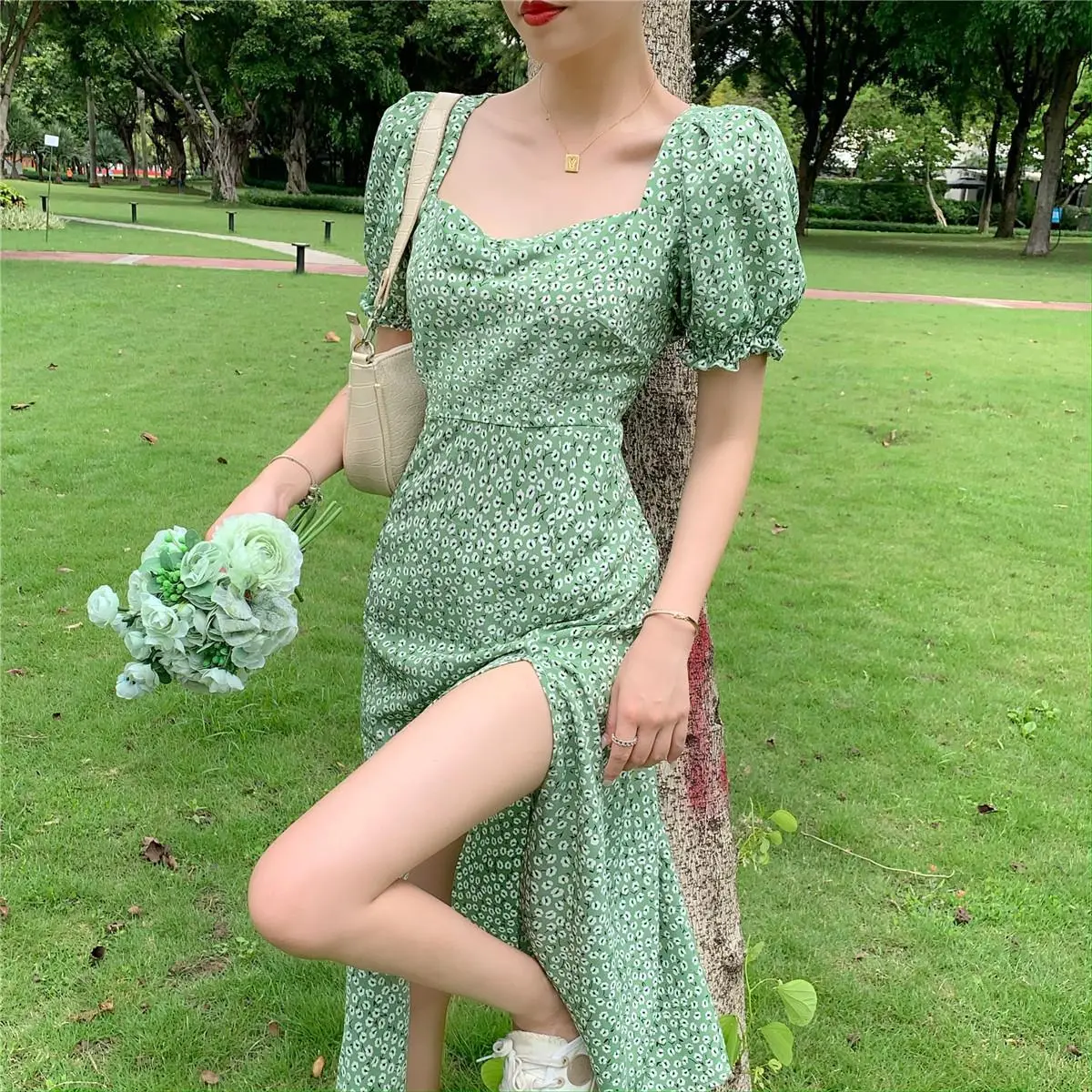 Green Floral V-Neck French Dress for Women — feature 11