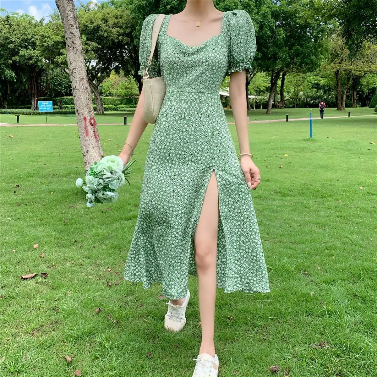 Green Floral V-Neck French Dress for Women — feature 12