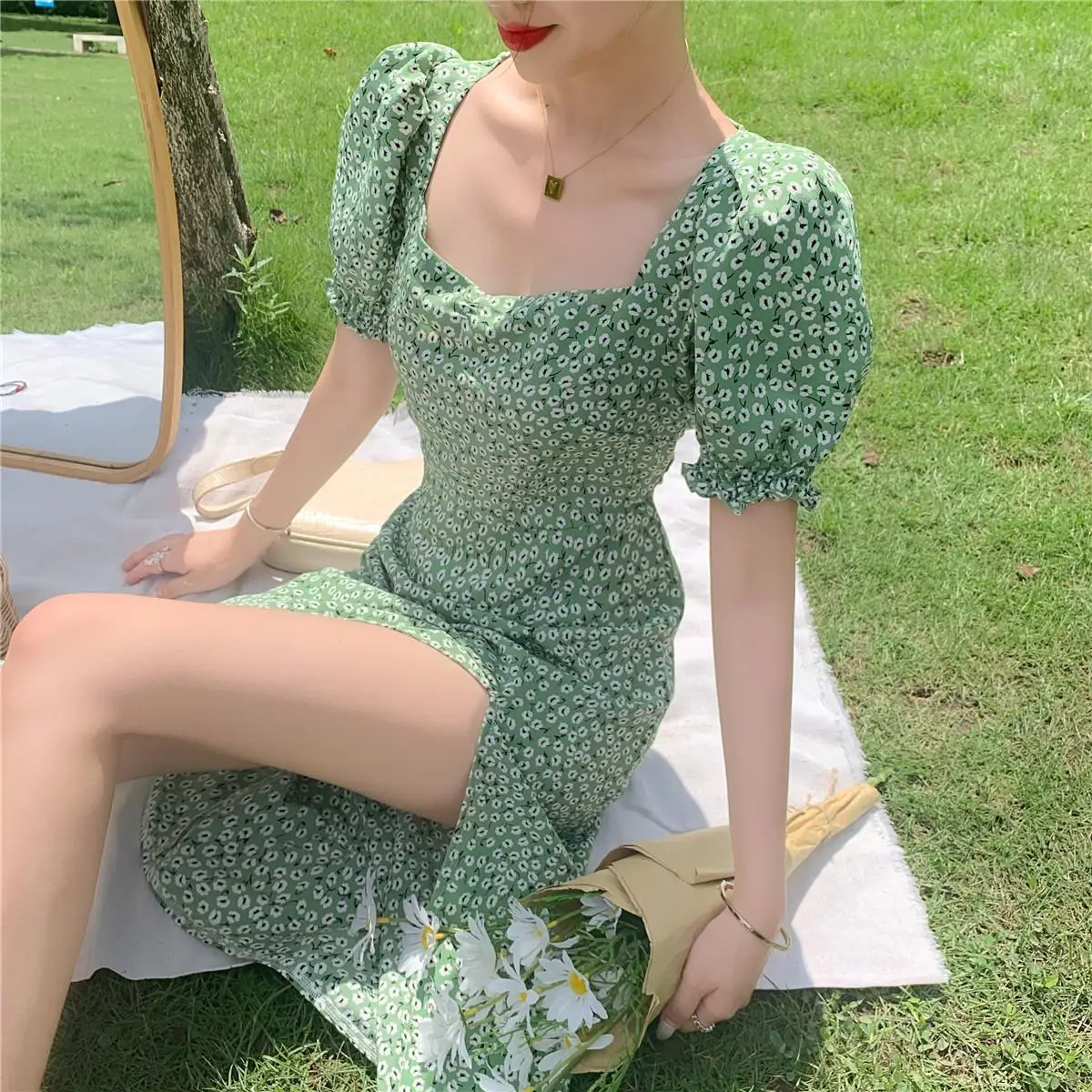 Green Floral V-Neck French Dress for Women — feature 13