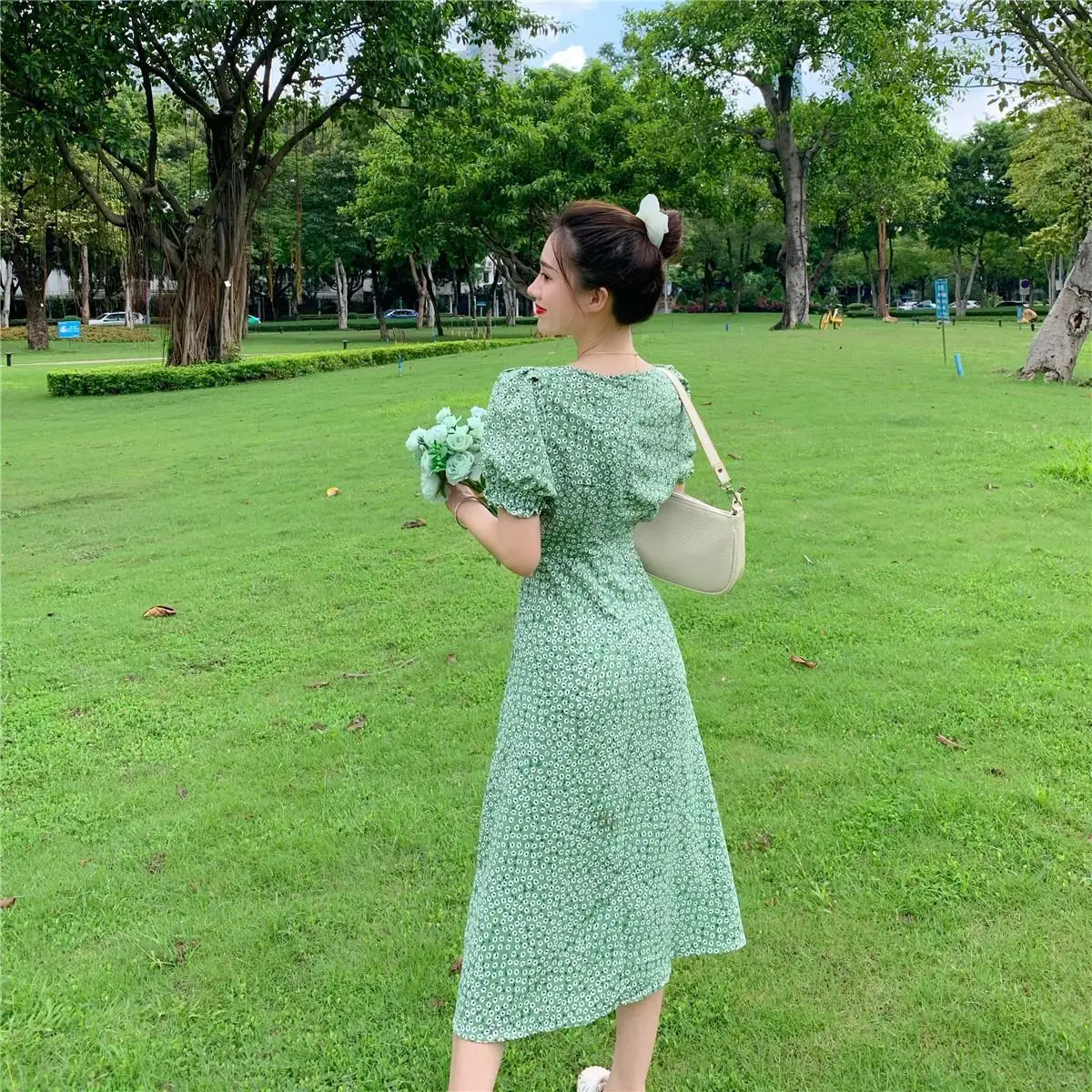 Green Floral V-Neck French Dress for Women — feature 14