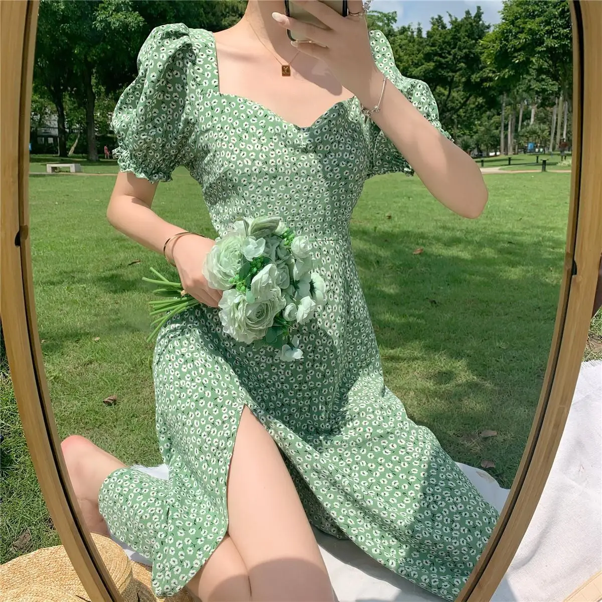 Green Floral V-Neck French Dress for Women — feature 5