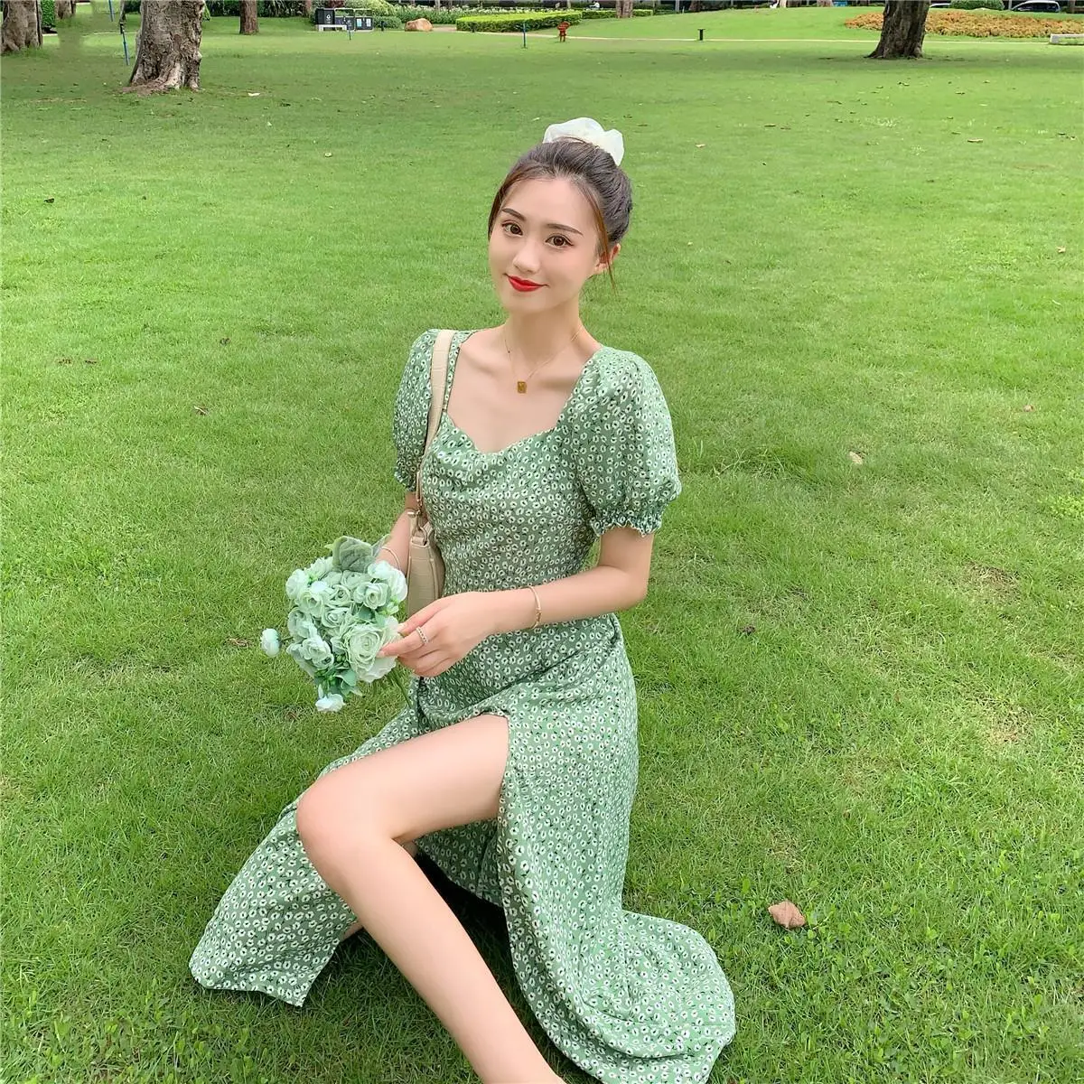 Green Floral V-Neck French Dress for Women — feature 7