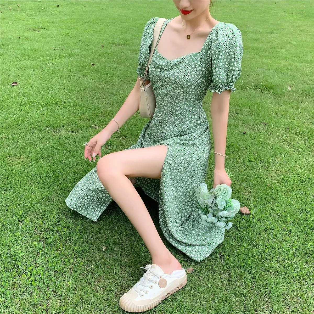 Green Floral V-Neck French Dress for Women — feature 9