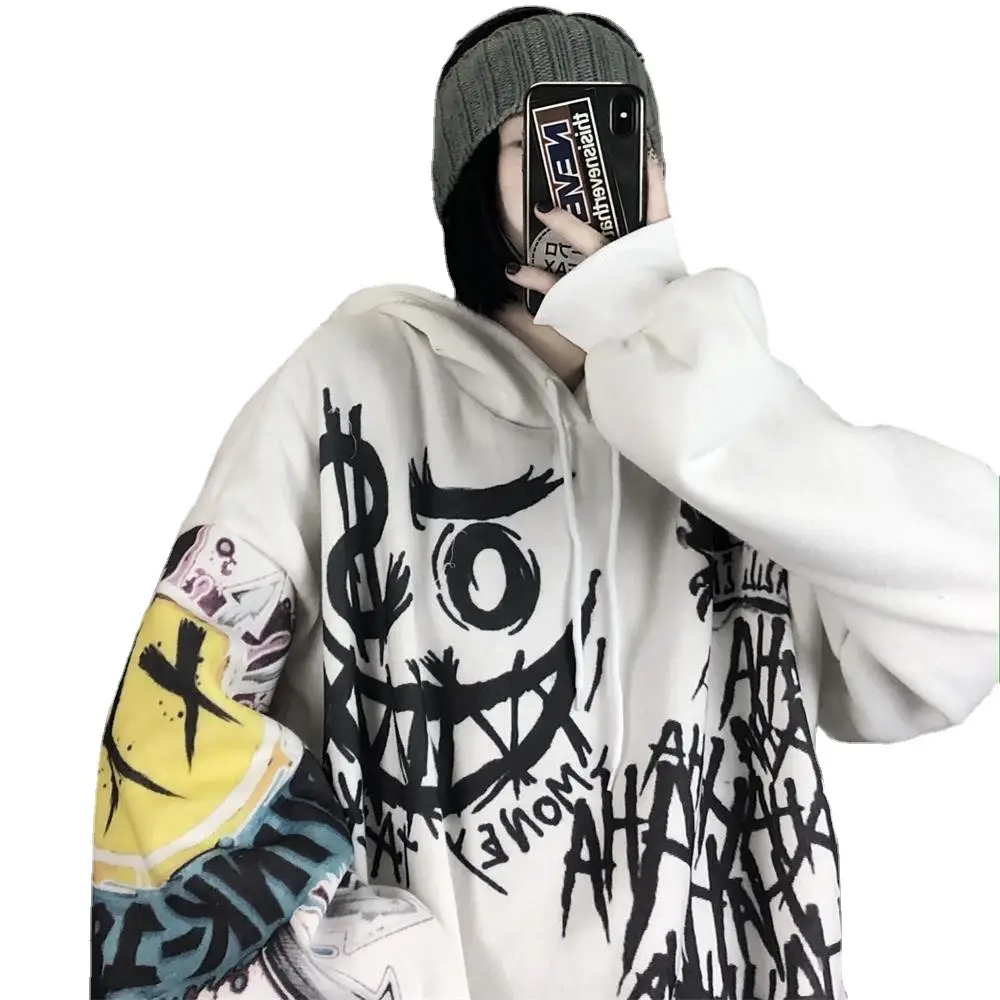 White Fleece Hooded Graffiti Sockswear Student Style
