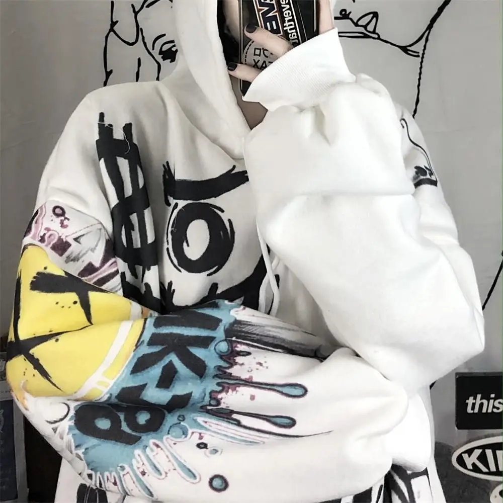 White Fleece Hooded Graffiti Sockswear Student Style — feature 4