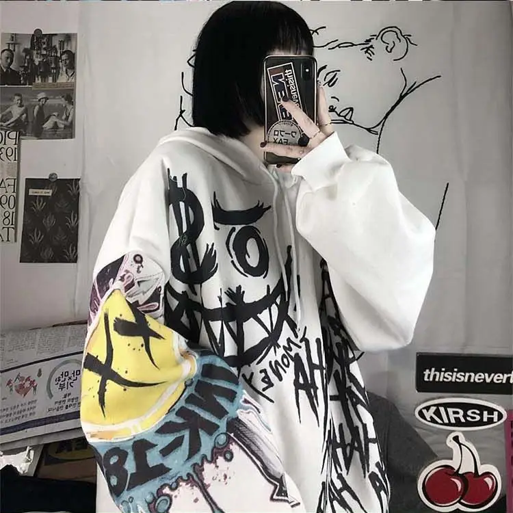 White Fleece Hooded Graffiti Sockswear Student Style — feature 6