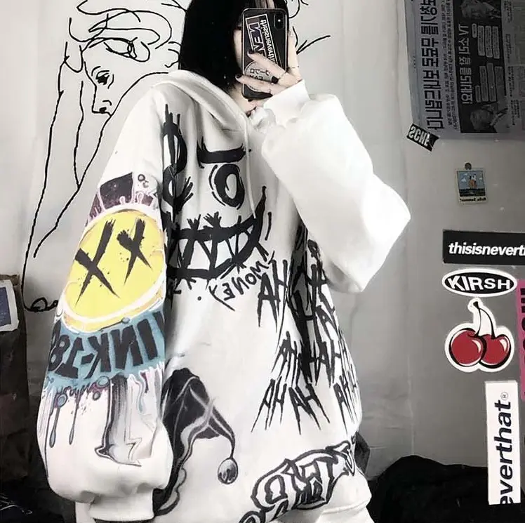 White Fleece Hooded Graffiti Sockswear Student Style — feature 8