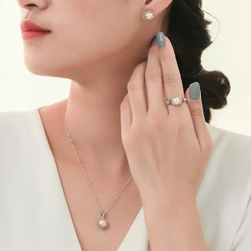 S925 Sterling Silver Pearl Cross Design Jewelry Set for Women - Image 6