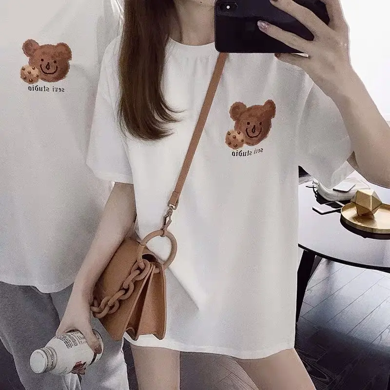 Women Korean Bear Cartoon T-Shirt White 2025 - Image 5
