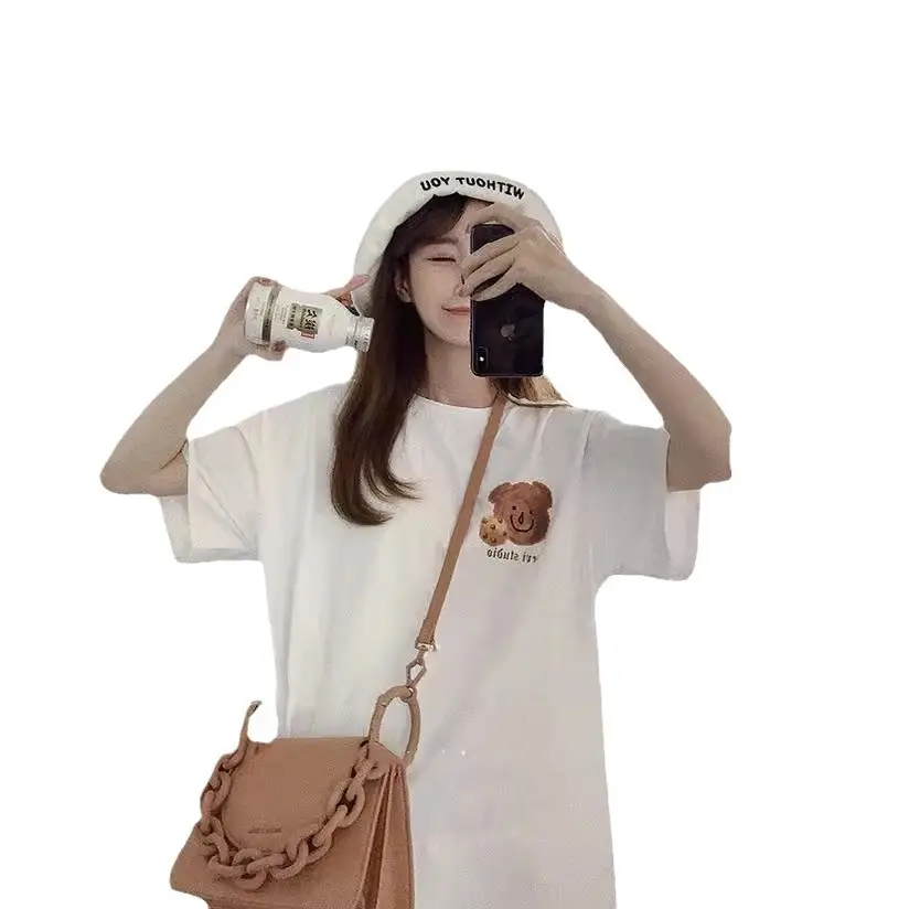Women Korean Bear Cartoon T-Shirt White 2025 - Image 7