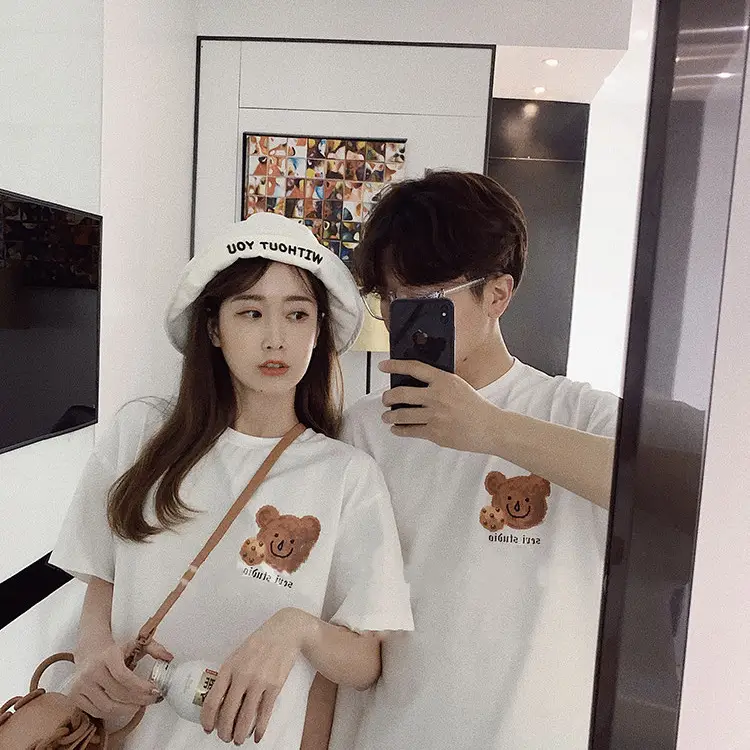 Women Korean Bear Cartoon T-Shirt White 2025 - Image 2