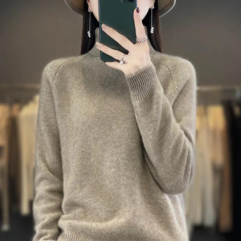 Women's New Autumn Winter Turtleneck Sweater Brown Knit - Image 10