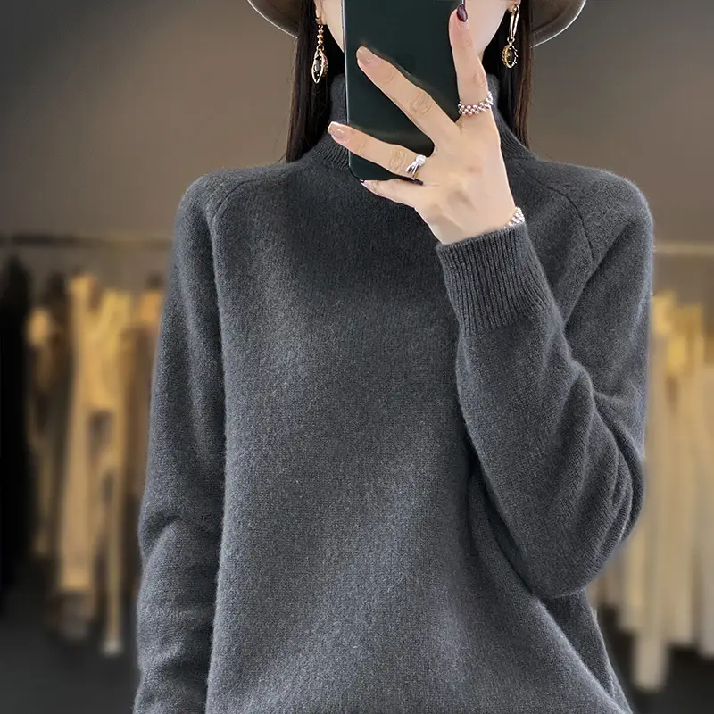 Women's New Autumn Winter Turtleneck Sweater Brown Knit - Image 3