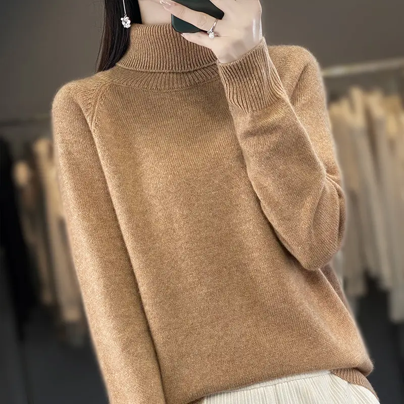 Women's New Autumn Winter Turtleneck Sweater Brown Knit - Image 6