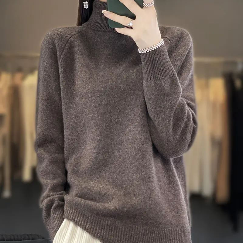 Women's New Autumn Winter Turtleneck Sweater Brown Knit - Image 9