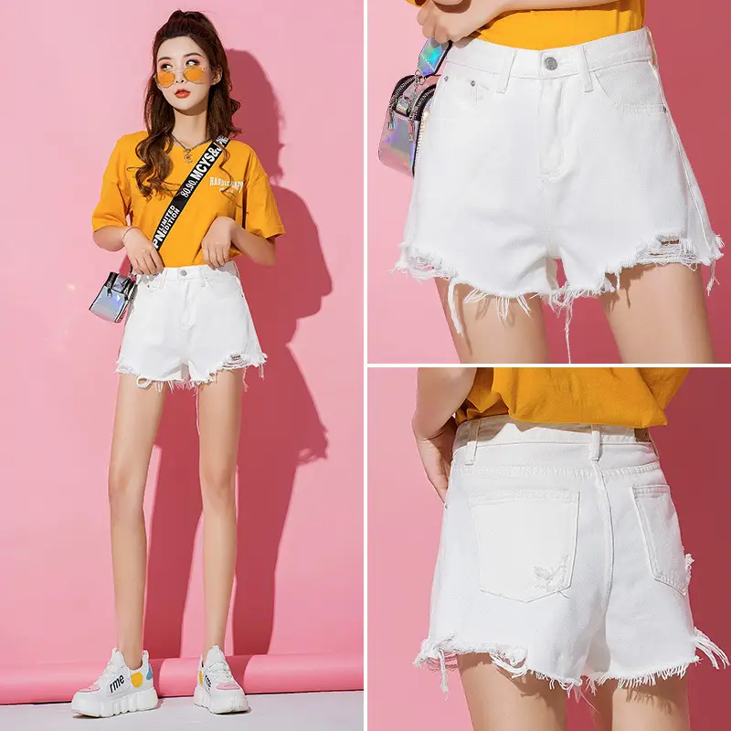 Women Denim Shorts White Hole Wide Leg 2021 - Image 4