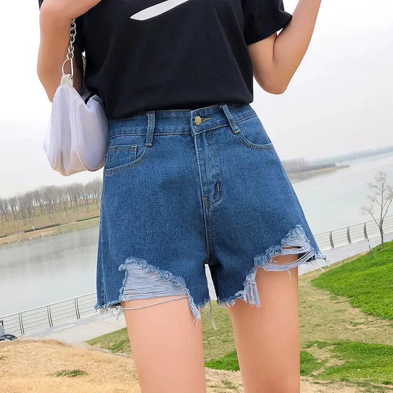 Women Denim Shorts White Hole Wide Leg 2021 - Image 2