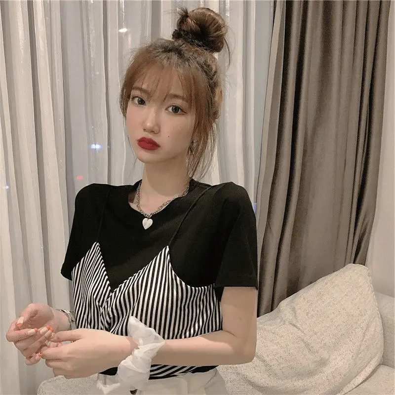 Women Striped T-Shirt Top White Striped Loose Fit Summer Wear - Image 4