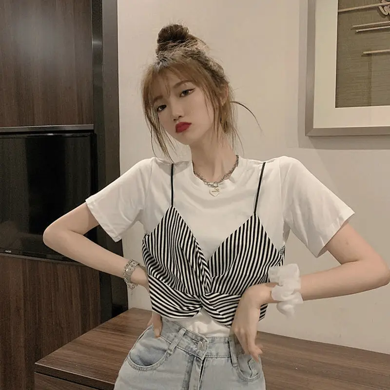 Women Striped T-Shirt Top White Striped Loose Fit Summer Wear - Image 2