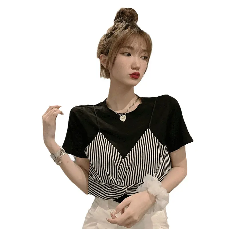 Women Striped T-Shirt Top White Striped Loose Fit Summer Wear - Image 5