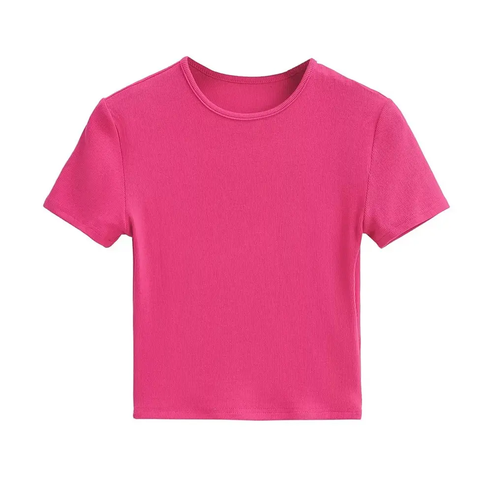 Women Summer T-Shirts Solid Color Round Neck Tight High Waist Navel Short Sleeve - Image 10