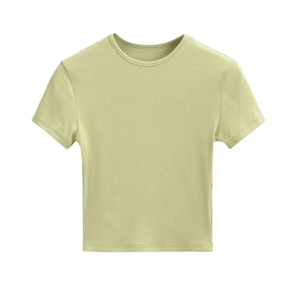 Women Summer T-Shirts Solid Color Round Neck Tight High Waist Navel Short Sleeve - Image 11