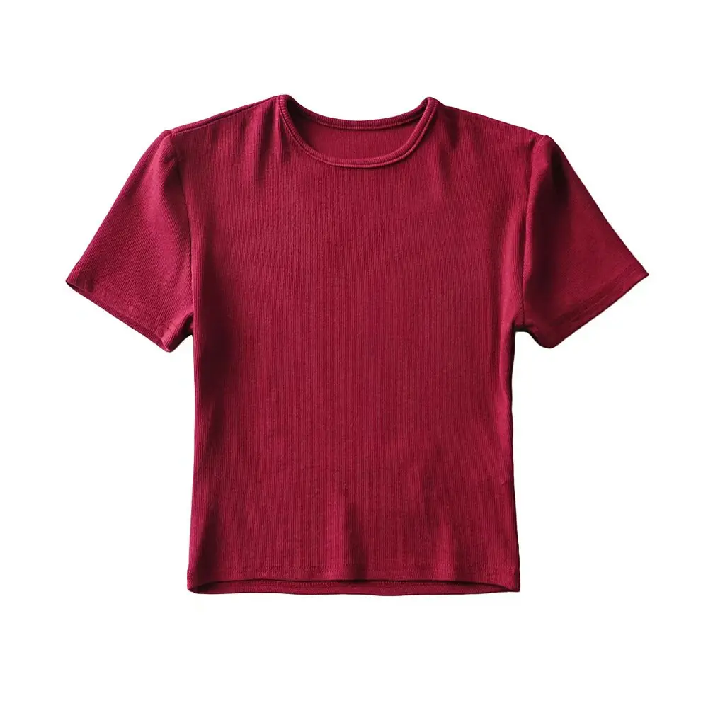Women Summer T-Shirts Solid Color Round Neck Tight High Waist Navel Short Sleeve - Image 3