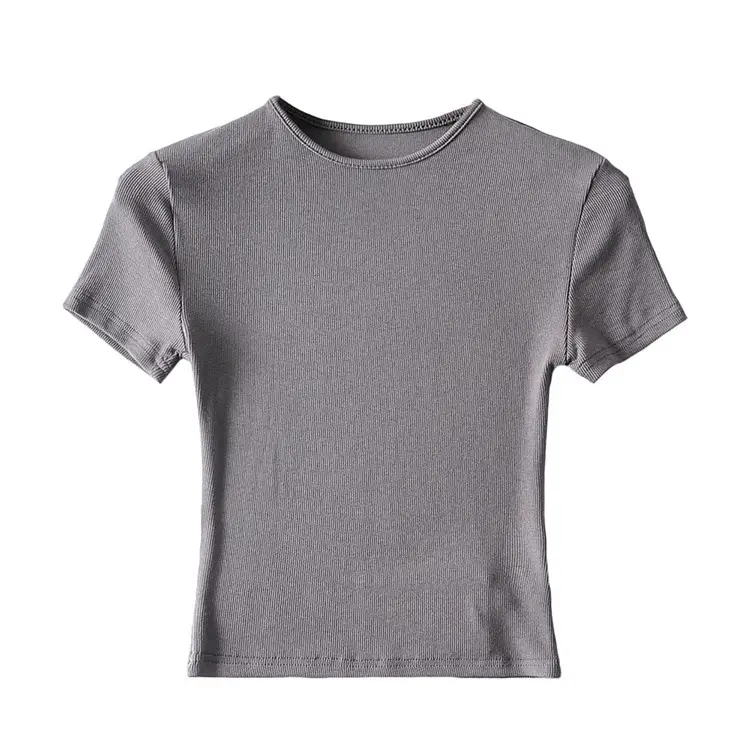 Women Summer T-Shirts Solid Color Round Neck Tight High Waist Navel Short Sleeve - Image 5