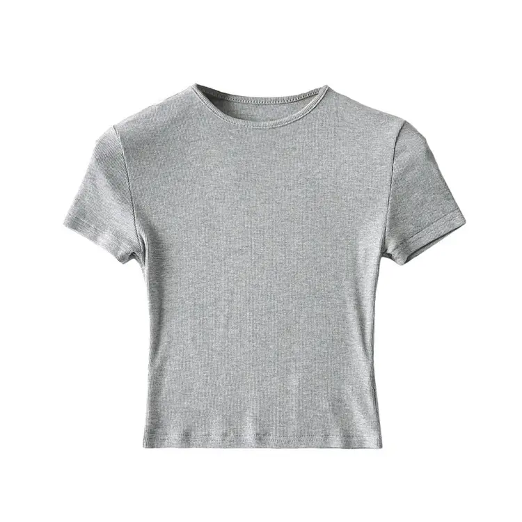 Women Summer T-Shirts Solid Color Round Neck Tight High Waist Navel Short Sleeve - Image 6