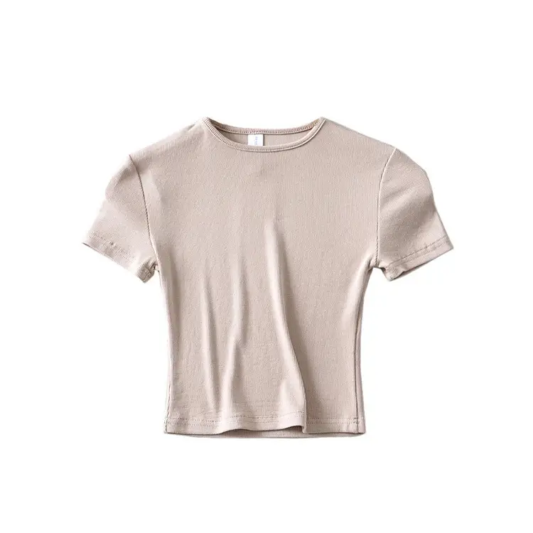 Women Summer T-Shirts Solid Color Round Neck Tight High Waist Navel Short Sleeve - Image 7