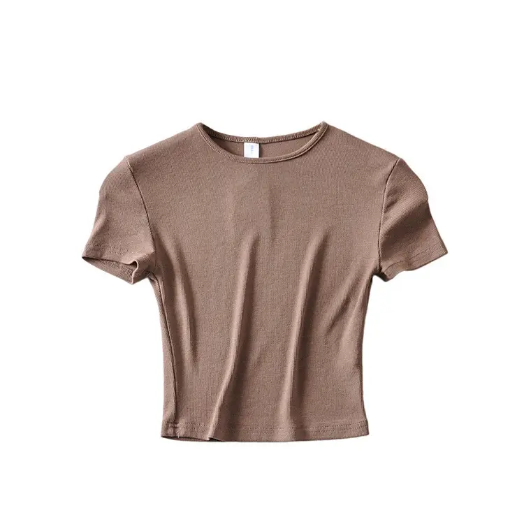 Women Summer T-Shirts Solid Color Round Neck Tight High Waist Navel Short Sleeve - Image 8