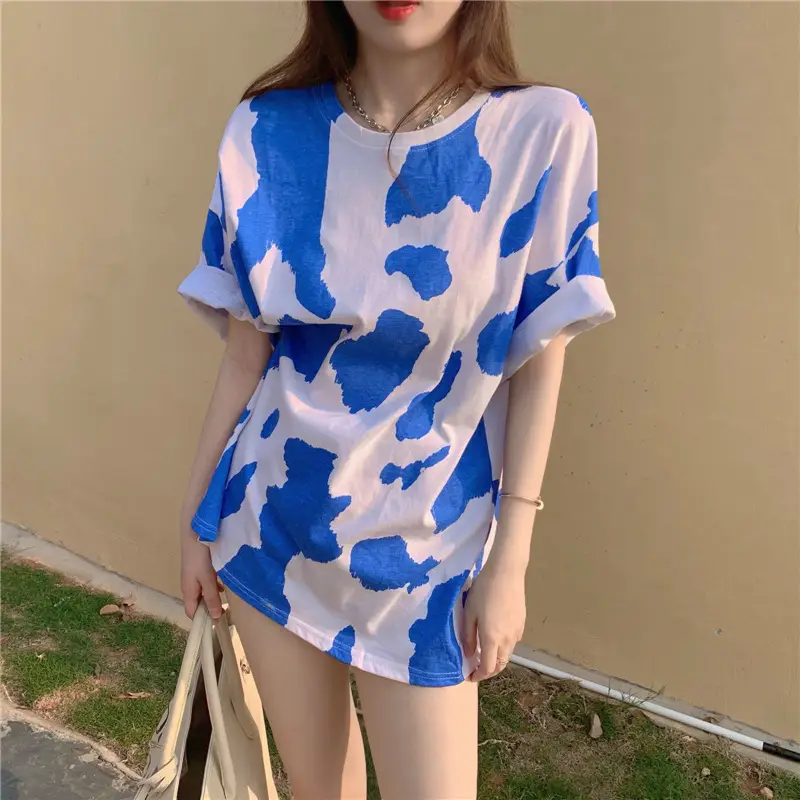 Women Cow Print Short Sleeve T-Shirt Blue White Mid Length - Image 2