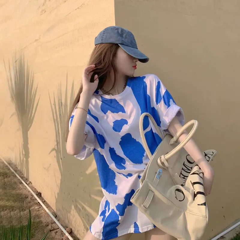 Women Cow Print Short Sleeve T-Shirt Blue White Mid Length - Image 4