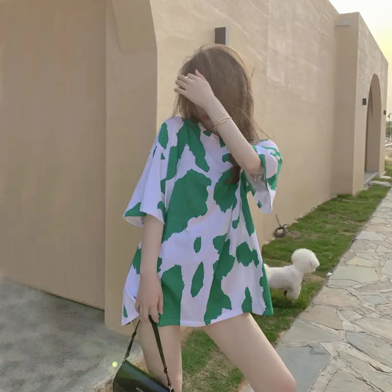 Women Cow Print Short Sleeve T-Shirt Blue White Mid Length - Image 5