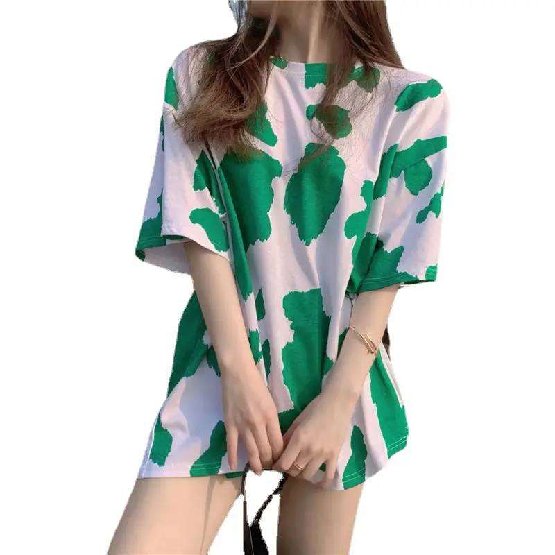 Women Cow Print Short Sleeve T-Shirt Blue White Mid Length - Image 6
