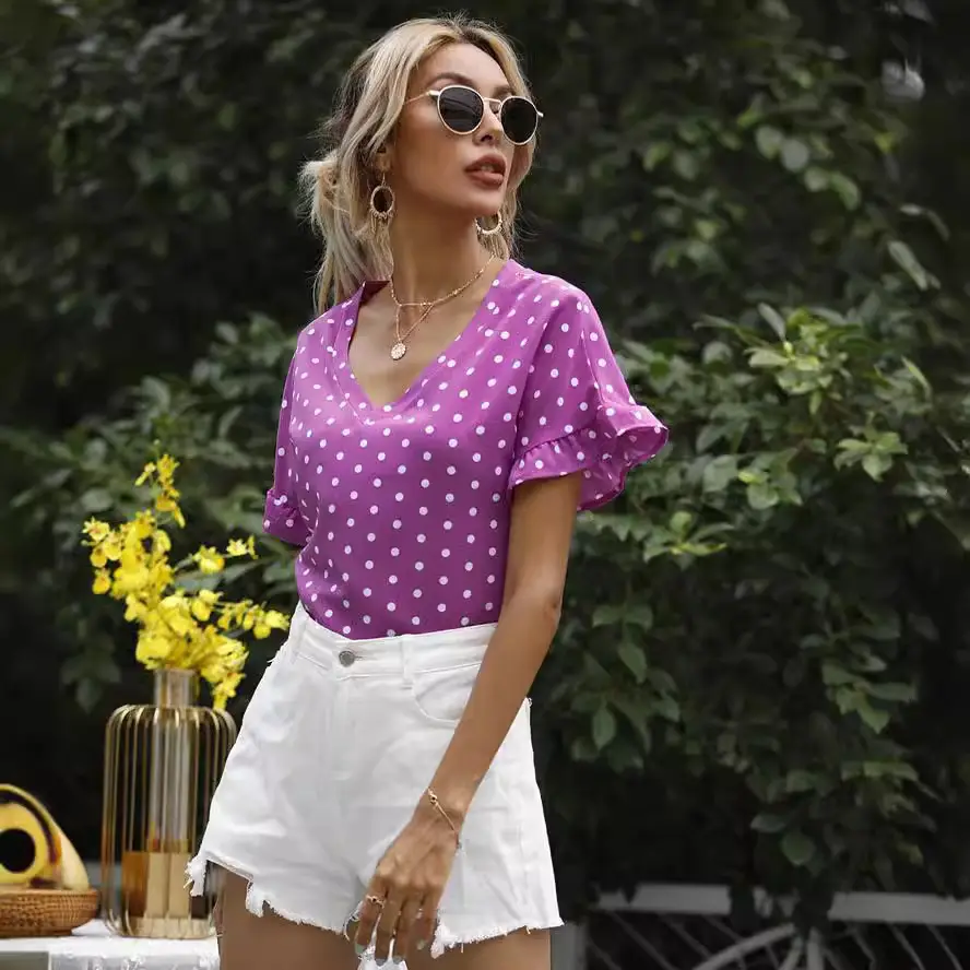 Women Polka Dot V Neck T-Shirt Shorts Set Summer - Image 5