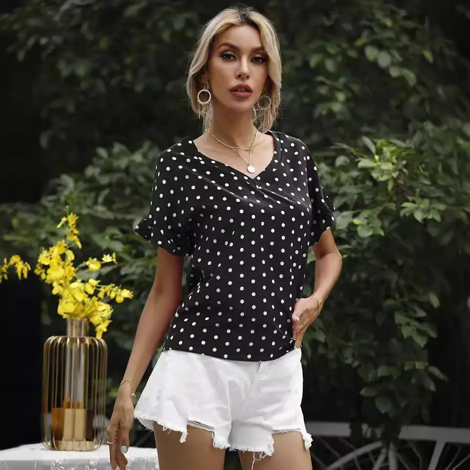 Women Polka Dot V Neck T-Shirt Shorts Set Summer - Image 7