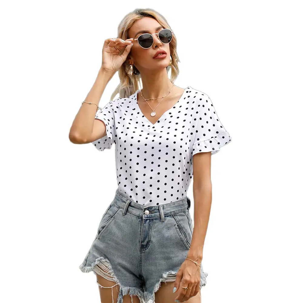 Women Polka Dot V Neck T-Shirt Shorts Set Summer - Image 8