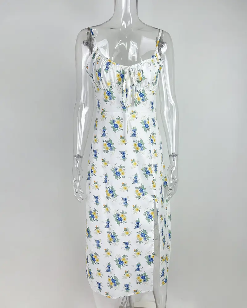 Women's Floral Lace-Up Slit Dress Yellow — feature 36