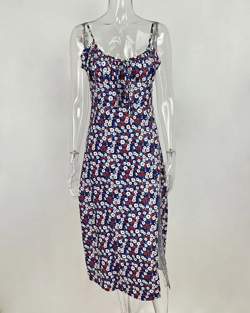 Women's Floral Lace-Up Slit Dress Yellow — feature 38