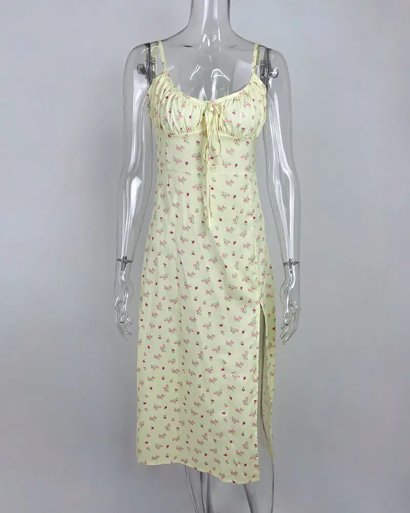 Women's Floral Lace-Up Slit Dress Yellow — feature 40