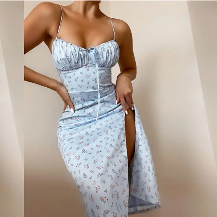 Women's Floral Lace-Up Slit Dress Yellow — feature 48
