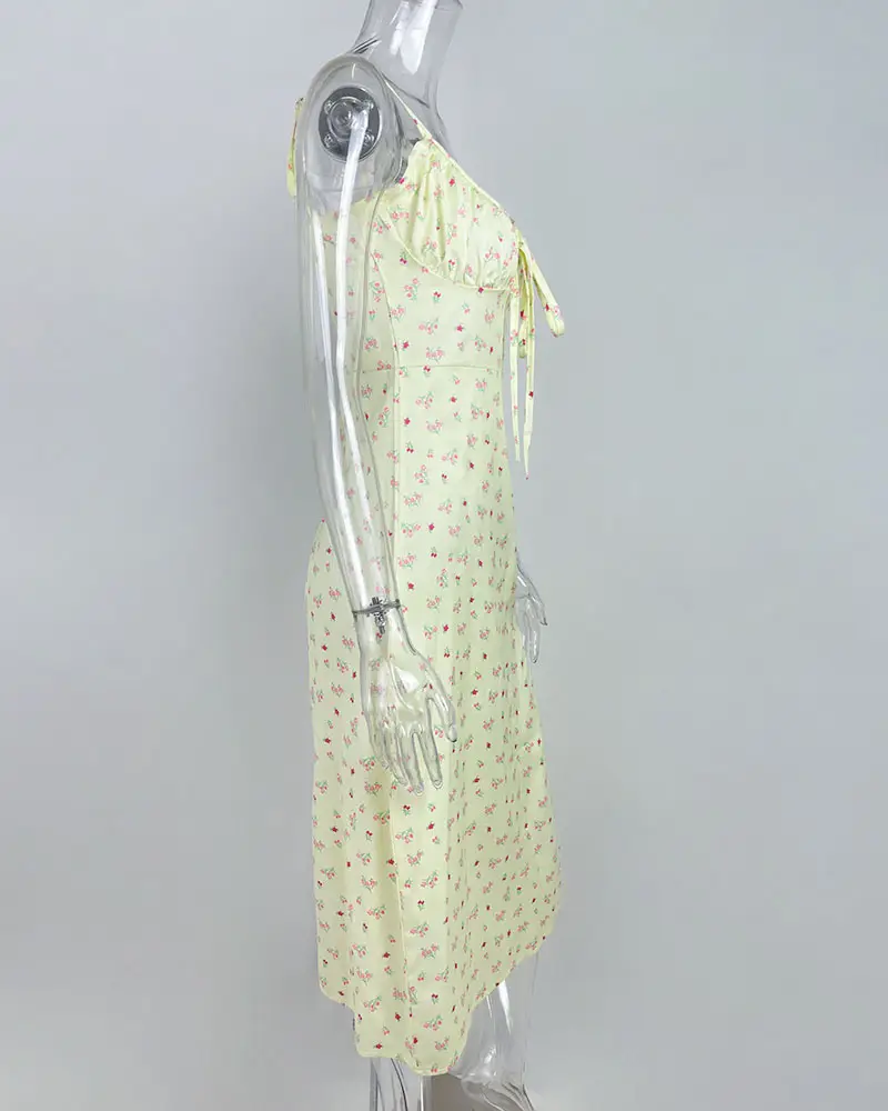 Women's Floral Lace-Up Slit Dress Yellow — feature 59