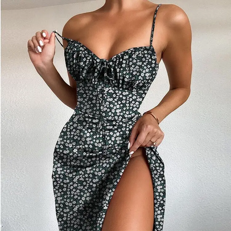 Women's Floral Lace-Up Slit Dress Yellow - Image 3
