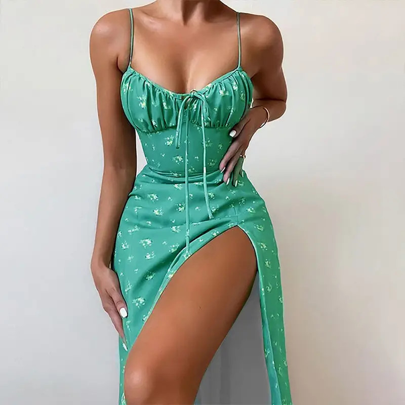 Women's Floral Lace-Up Slit Dress Yellow - Image 7
