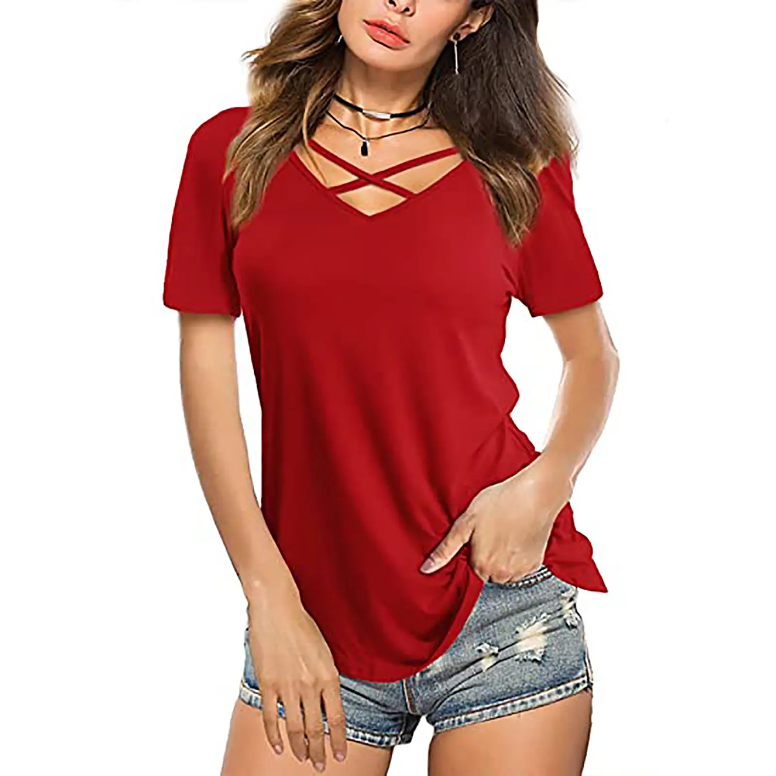 Women Cross V Neck Light Blue T-Shirt Short Sleeve