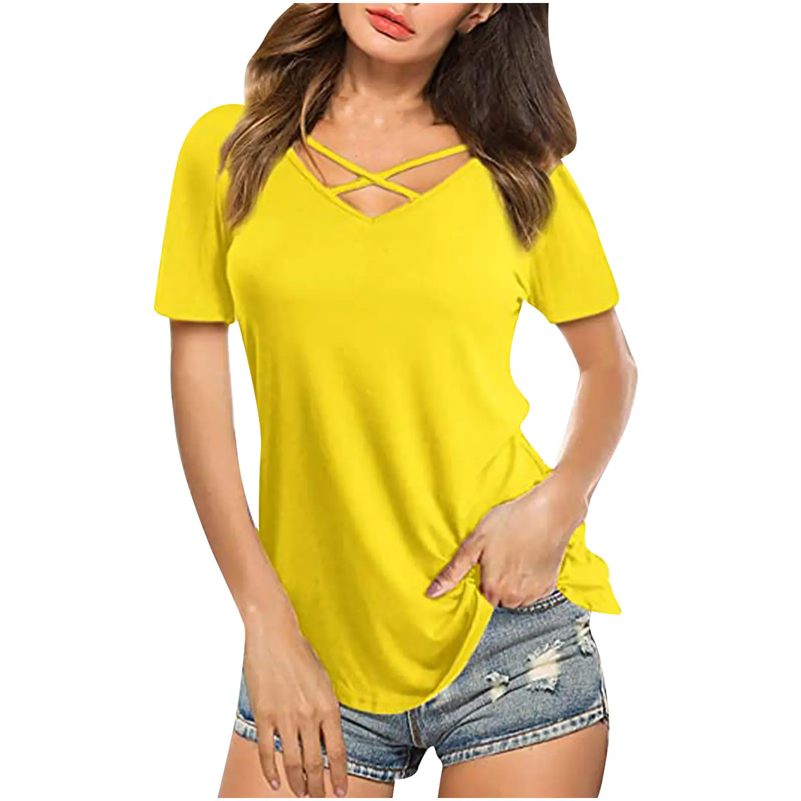 Women Cross V Neck Light Blue T-Shirt Short Sleeve