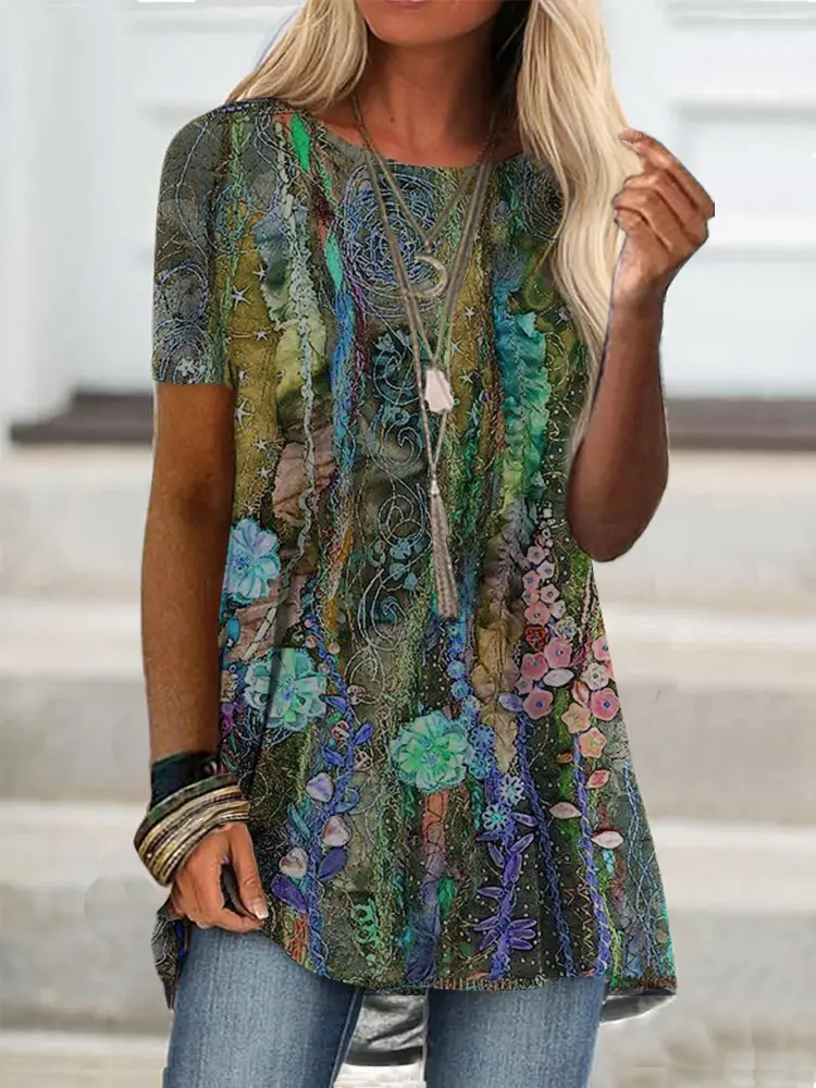 Women's Printed T-Shirt Purple Green Floral Digital Print - Image 7
